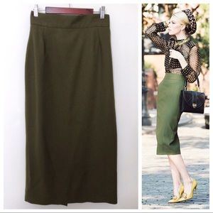 Vtg Wool Olive Green Midi Pencil Skirt XS